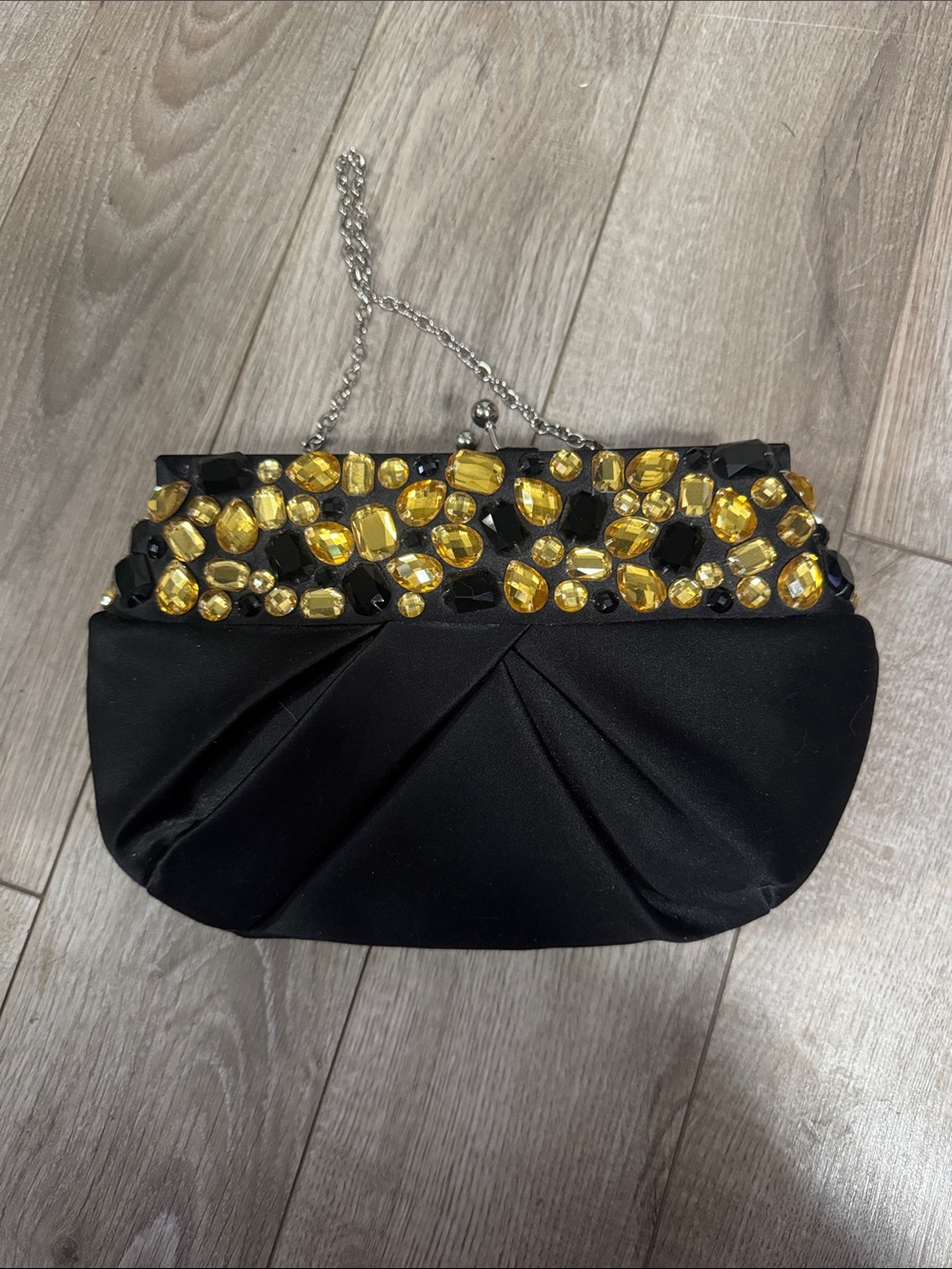 Sandra Roberts black satin  Evening Clutch with Gold Crystal Embellishments